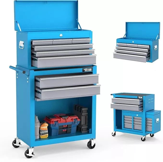 TUFFIOM 8-Drawer Rolling Tool Chest, Tool Storage Cabinet w/Lockable Wheels, Detachable Top, Drawers & Side Hooks, Mechanic Tool Organizer Box for Garage Warehouse Repair Shop