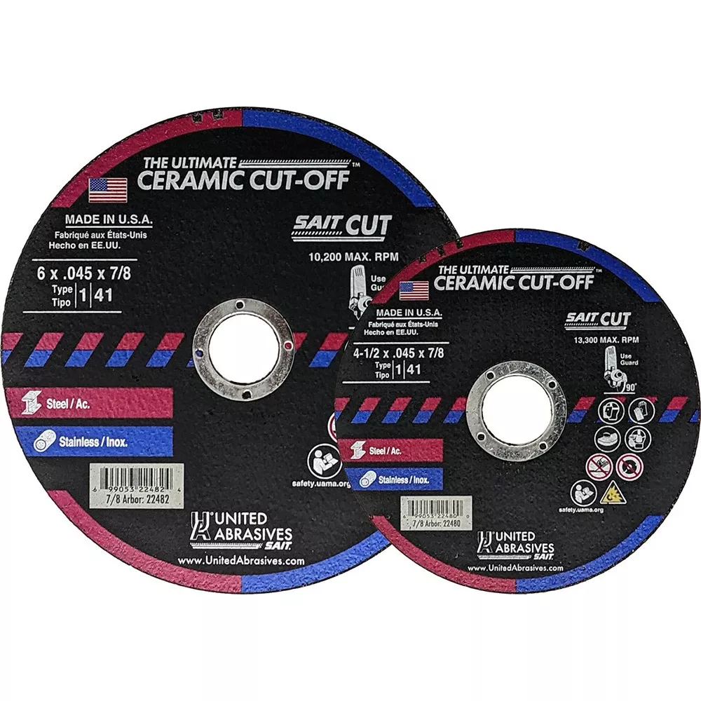 United Abrasives Sait 4-1/2" x .045" x 7/8" The Ultimate Ceramic Premium Performance Cut-Off Wheels (Type 1/Type 41 Flat) 22480