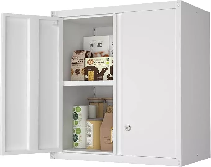 Wall Cabinet,Metal Storage Cabinet with 2 Doors,Locking Wall Cabinets for Office,Home,White