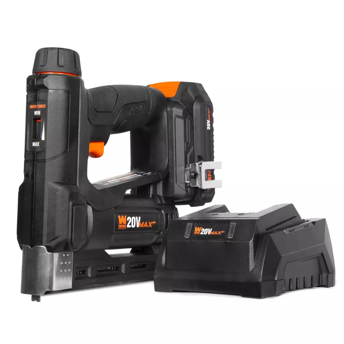 WEN 20538 20V Max Cordless 2-in-1 18-Gauge Brad Nailer and T50 Crown Stapler with 2.0Ah Battery and Charger