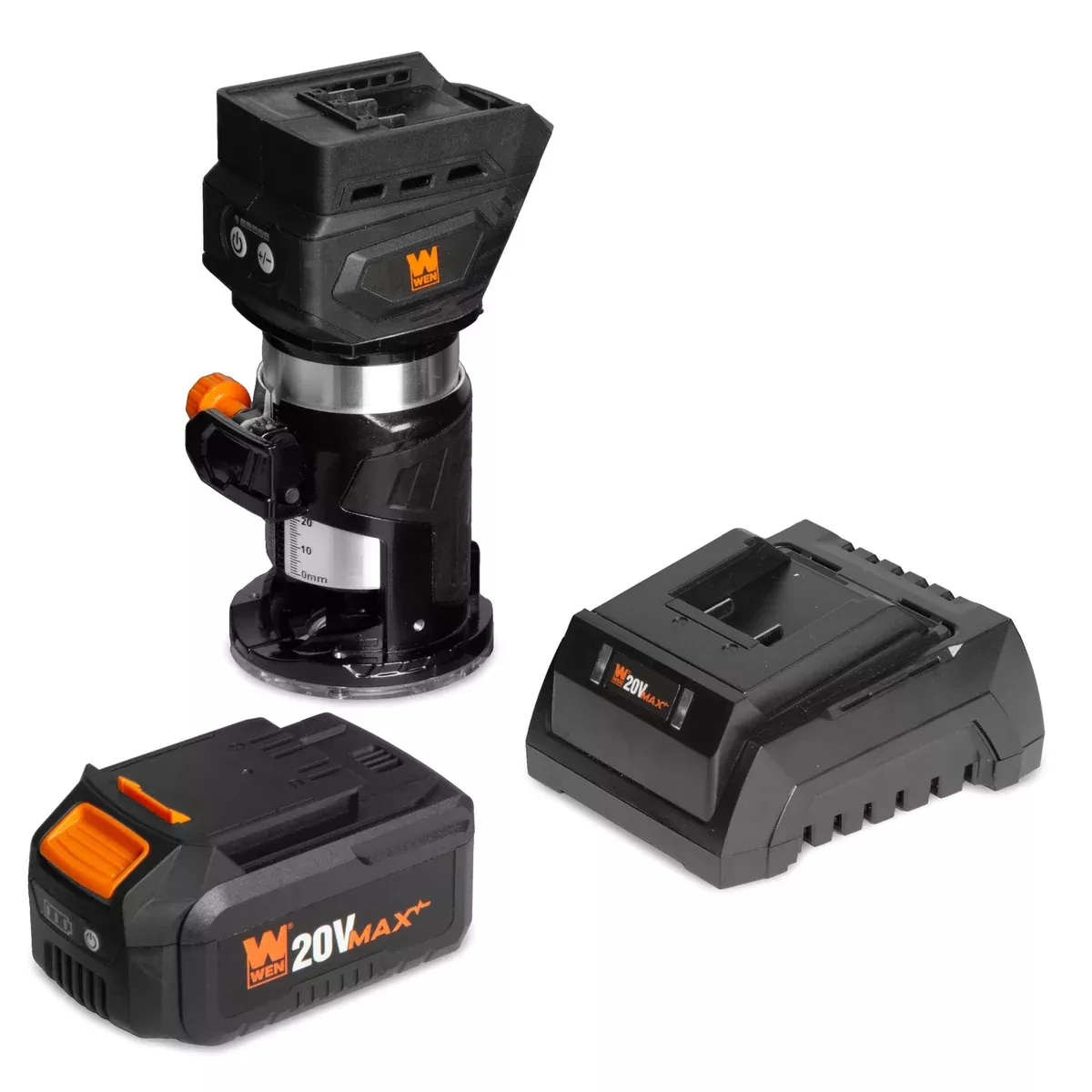 WEN 20610 20V Max Cordless Brushless Compact Trim Router with Fixed Base, 4Ah Lithium-Ion Battery, and Charger