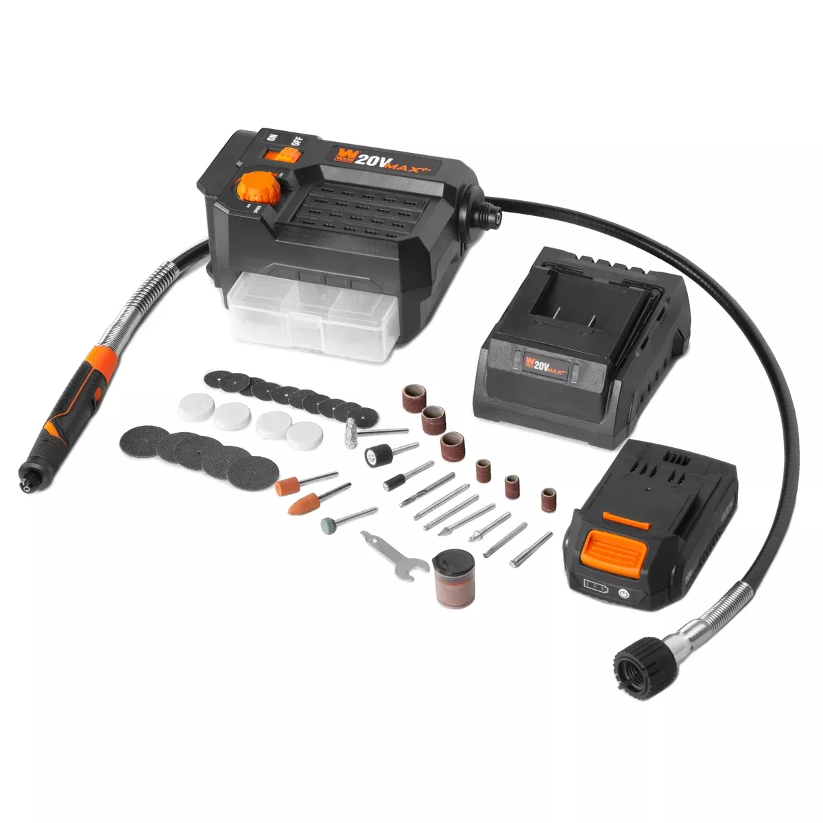 WEN 20923 20V Max Cordless Variable Speed Rotary Tool Station with Flex Shaft, 40 Accessories, 2Ah Li-Ion Battery, and Charger