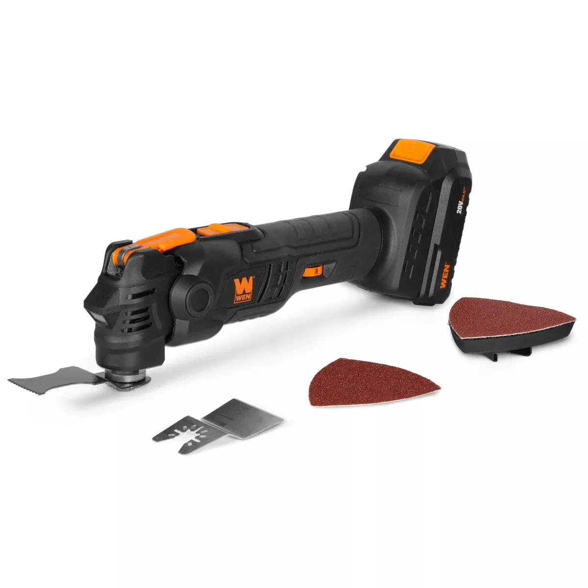 WEN 20936 20V Max Cordless Brushless Variable Speed Multi-Function Oscillating Tool with Anti-Vibration System, Accessories, 2.0Ah Li-Ion Battery, and Charger