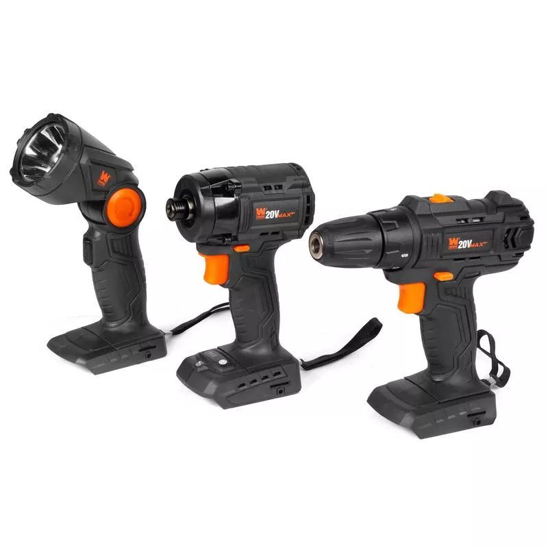 WEN 20VK3DBT 20V Max Cordless Drill, Brushless Compact Impact Driver, and LED Work Light / Flashlight Combo Kit (Tool Only - Battery Not Included)