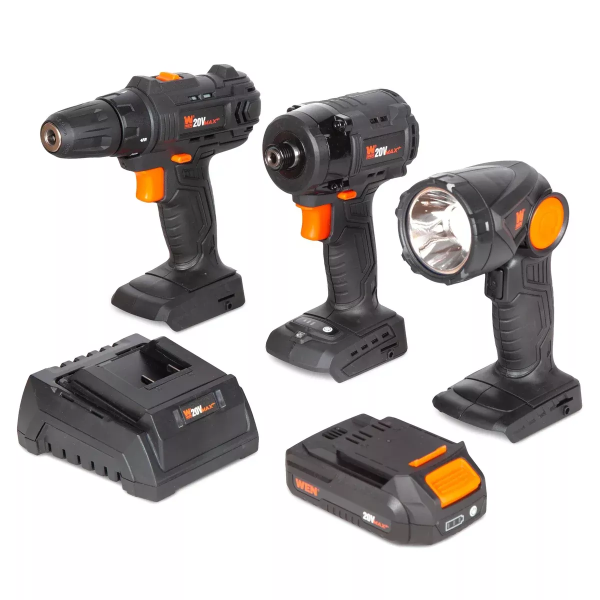 WEN 20VK3DDL 20V Max Cordless Drill, Brushless Compact Impact Driver, and LED Work Light / Flashlight Combo Kit with 2Ah Battery and Charger