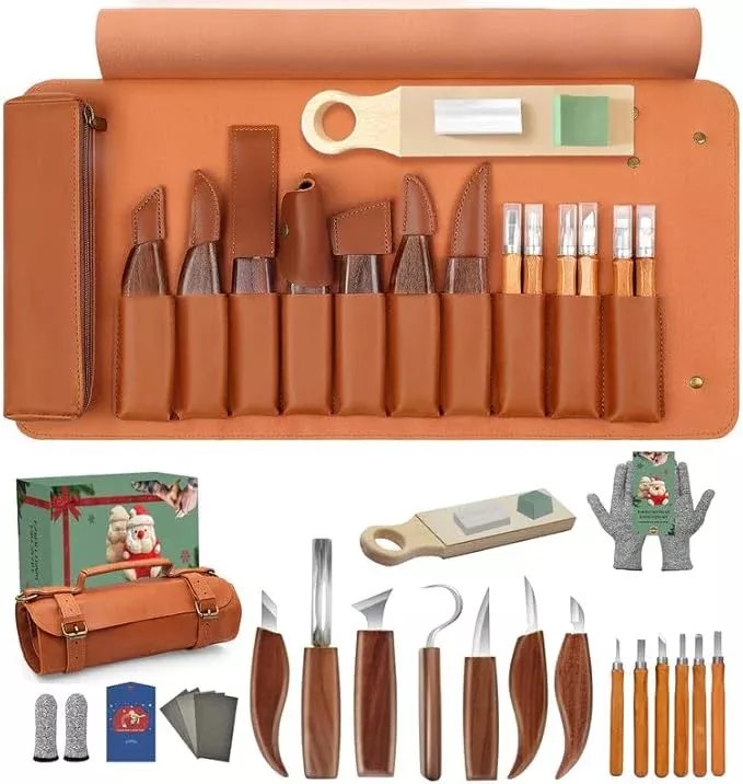 Wood Carving Kit for Adults & Beginners - 29-Piece Professional Set with Leather Tool Roll, 7 Whittling Knives + 6 Detail Gouges, Splinter-Free Wooden Handles for Woodworking & DIY Gifts