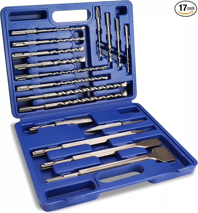 WORKPRO 17-Piece SDS-Plus Rotary Hammer Drill Bits and Chisel Set, Carbide-Tipped Masonry Drill Bits and Chisels for Concrete, Stone, Brick, with Storage Case