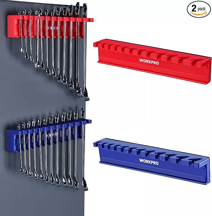 WORKPRO 2-Piece Magnetic Wrench Organizer Rack Set, 24 Slots Fits SAE (5/16' to 3/4') and Metric (9 mm to 20 mm) Wrench Holder Trays to Keep Wrenches Organized