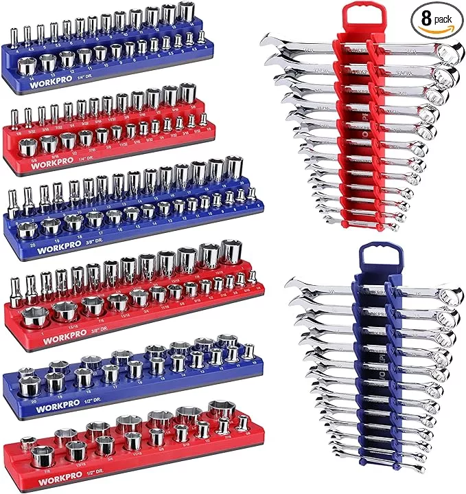 WORKPRO 8-Piece Magnetic Socket Organizer and Magnetic Wrench Organizer Set, Socket Holder Set 1/4", 3/8", 1/2" Drive Metric SAE Socket Storage, Metric SAE Wrench Holder(Socket, Wrench not Included)