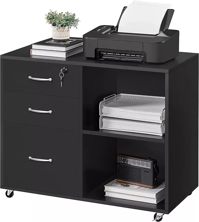 Yaheetech Black File Cabinet with Lock for Letter, A4 Size,3 Drawer Lateral Cabinet Printer Stand with Open Storage Compartments for Home Office, Black