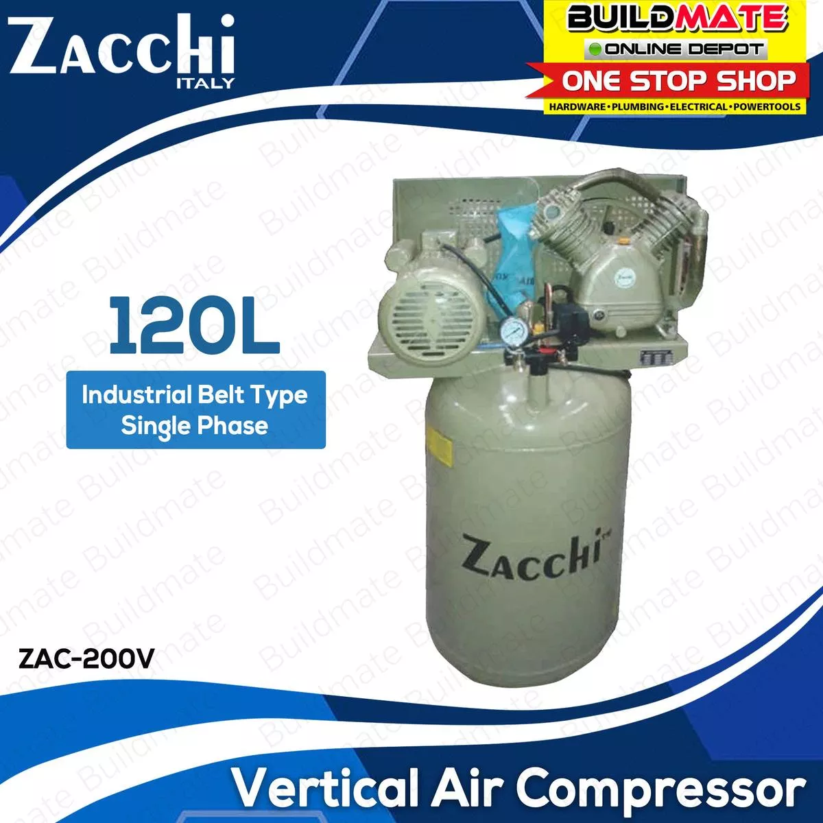 ZACCHI 120L Industrial Belt Type Vertical Air Compressor Single Phase 220v 60Hz ZAC-200V BUILDMATE DBS