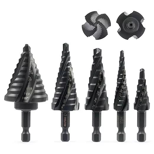 ZELCAN Step Drill Bit Set, 5PCS Four Spiral Flute Step Bits for Metal, 50 Sizes Titanium-Coated HSS Drill Bits with 1/4" Hex Shank for Stainless Steel Aluminum Wood Plastic